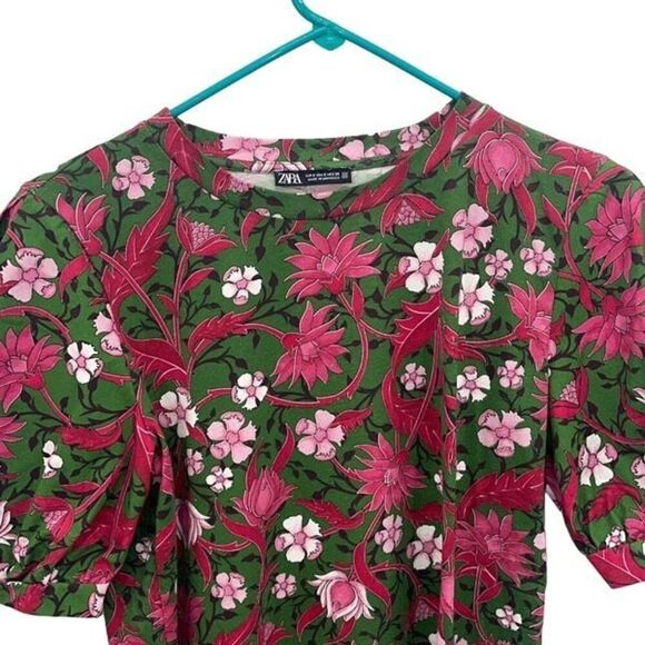 Zara Womens Floral Puff Tie Short Sleeve Cotton Top Pink Green Small - Picture 3 of 9